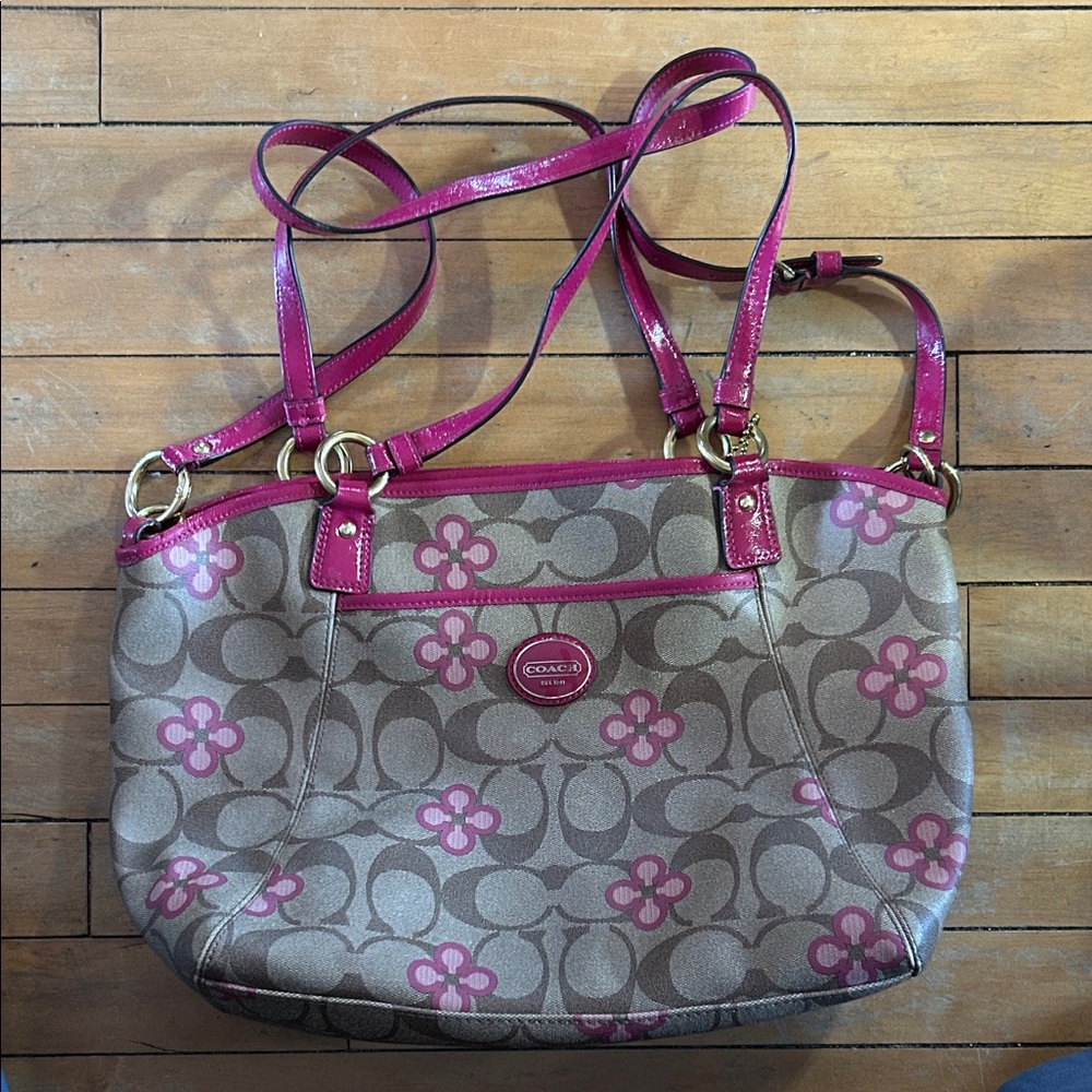 EUC! Coach Tan and Pink Floral Shoulder Bag
